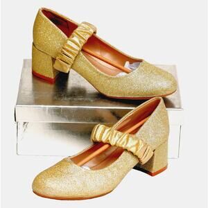 WSKEISP Women's Dress Pumps Gold Glitter Ruffled Strap Mary Jane Style Size 10